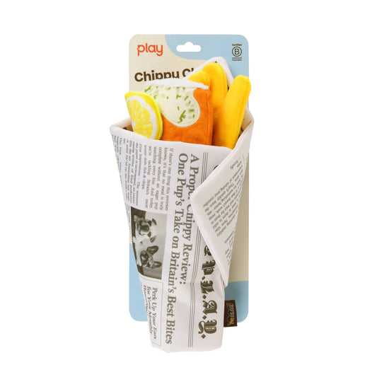 Dog toy that looks like real fish & chips with chewable treat in a newspaper-wrapped container on a white background