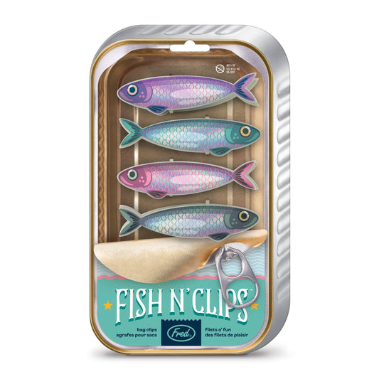 Chip clips that look like 4 iridescent fish in a tinned fish can.