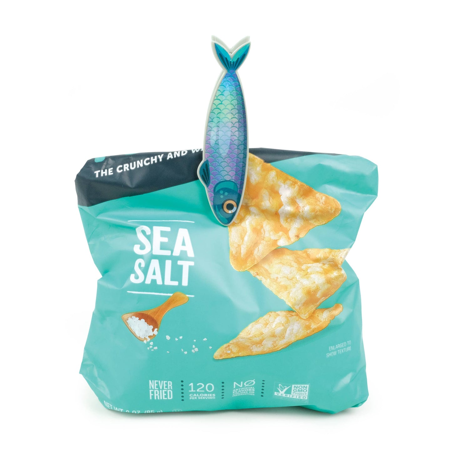 Blue bag of tortilla chips closed with a fish chip clip