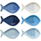 Set of six fish-shaped ceramic trays with geometric patterns on a white background