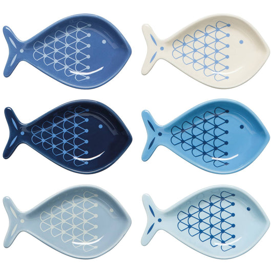 Set of six fish-shaped ceramic trays with geometric patterns on a white background