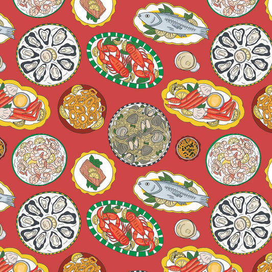 A repeating illustrated pattern on a red background featuring seafood plates, shrimp, fish, oysters, and small bowls in black, white, yellow, green, and orange.