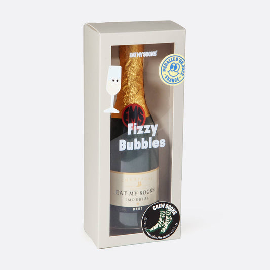 Bottle of Fizzy Bubbles socks in a gift box with a white background
