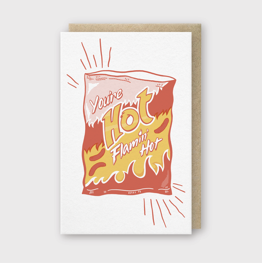 Greeting card with a 'Hot Flamin' Hot' chip bag design on a white background
