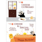 Cartoon-style birthday card with cheese-themed illustrations and text.