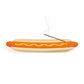 A novelty incense holder shaped like a hot dog in a bun, with a brown incense stick resting on top and white steam rising, set against a plain white background.