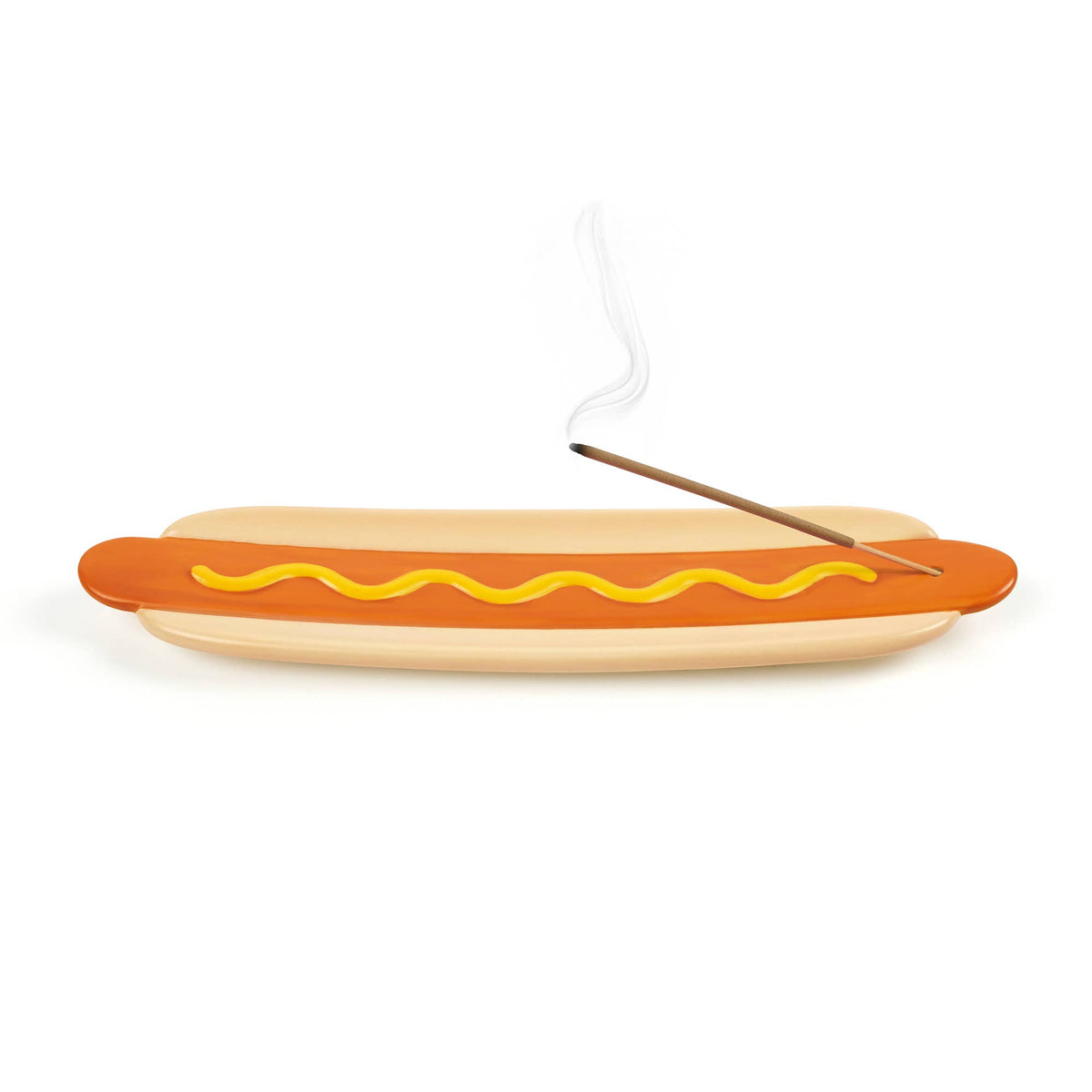 A novelty incense holder shaped like a hot dog in a bun, with a brown incense stick resting on top and white steam rising, set against a plain white background.