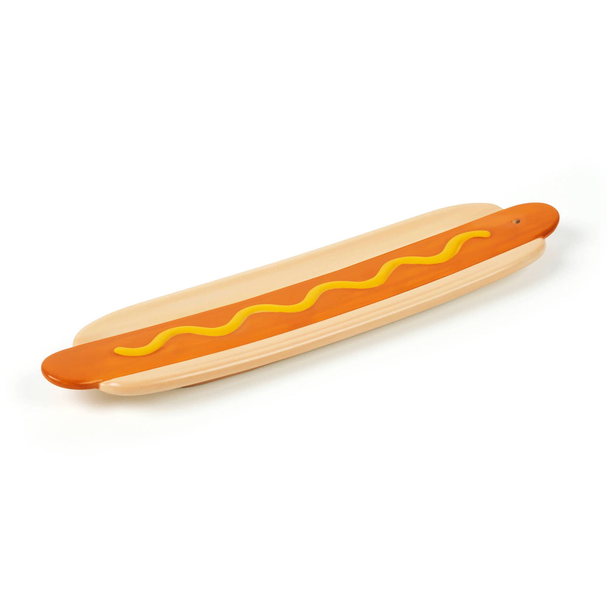 a ceramic hot dog stick incense holder shown on a plain white background.