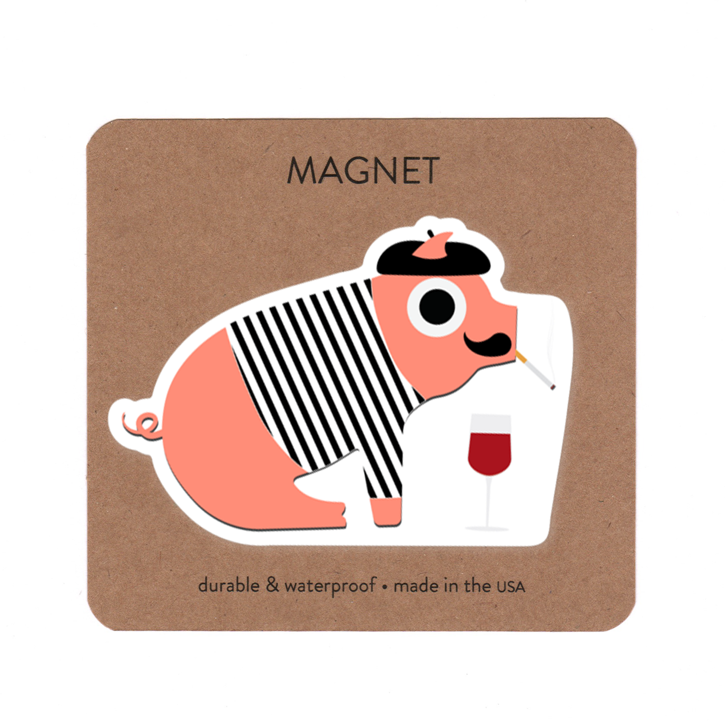 Magnet of a pig wearing a black and white striped shirt and black beret, with a glass of wine and smoking a cigarette