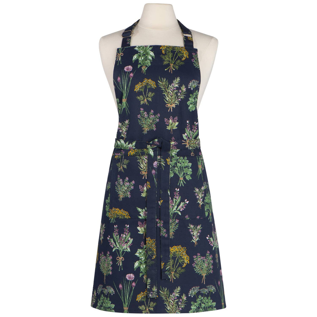 Navy apron with floral herb pattern on a white background