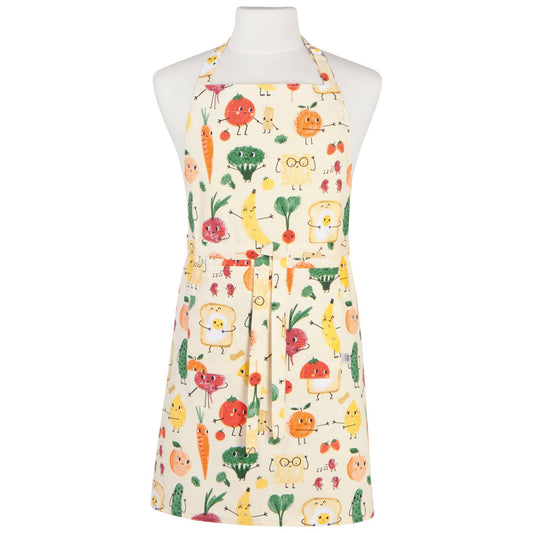 Colorful apron with cartoon food design on a mannequin against a white background