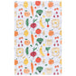 Patterned fabric with cartoon fruits, vegetables, and bread on a white background