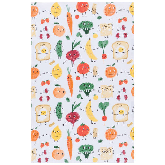 Patterned fabric with cartoon fruits, vegetables, and bread on a white background