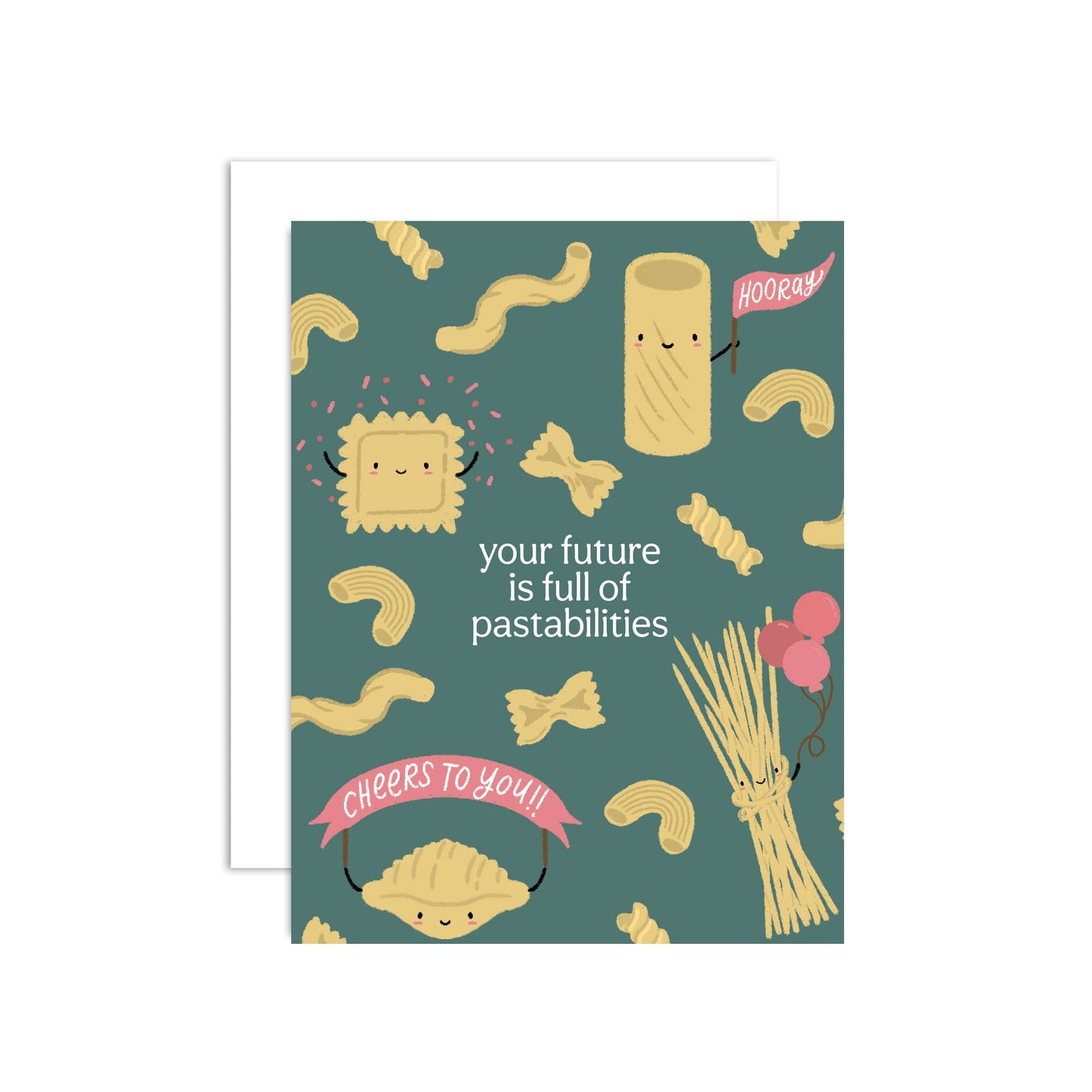 Greeting card with cartoon pasta characters and text "your future is full of possibilites. cheers to you!" on a green background