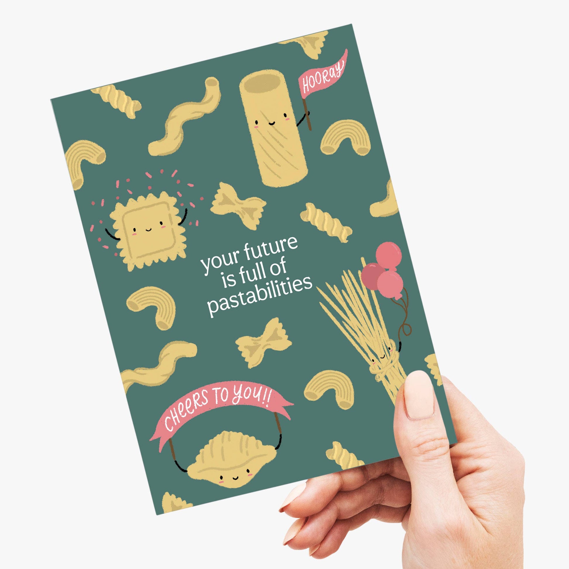 Hand holding a card with pasta illustrations and text on a white background