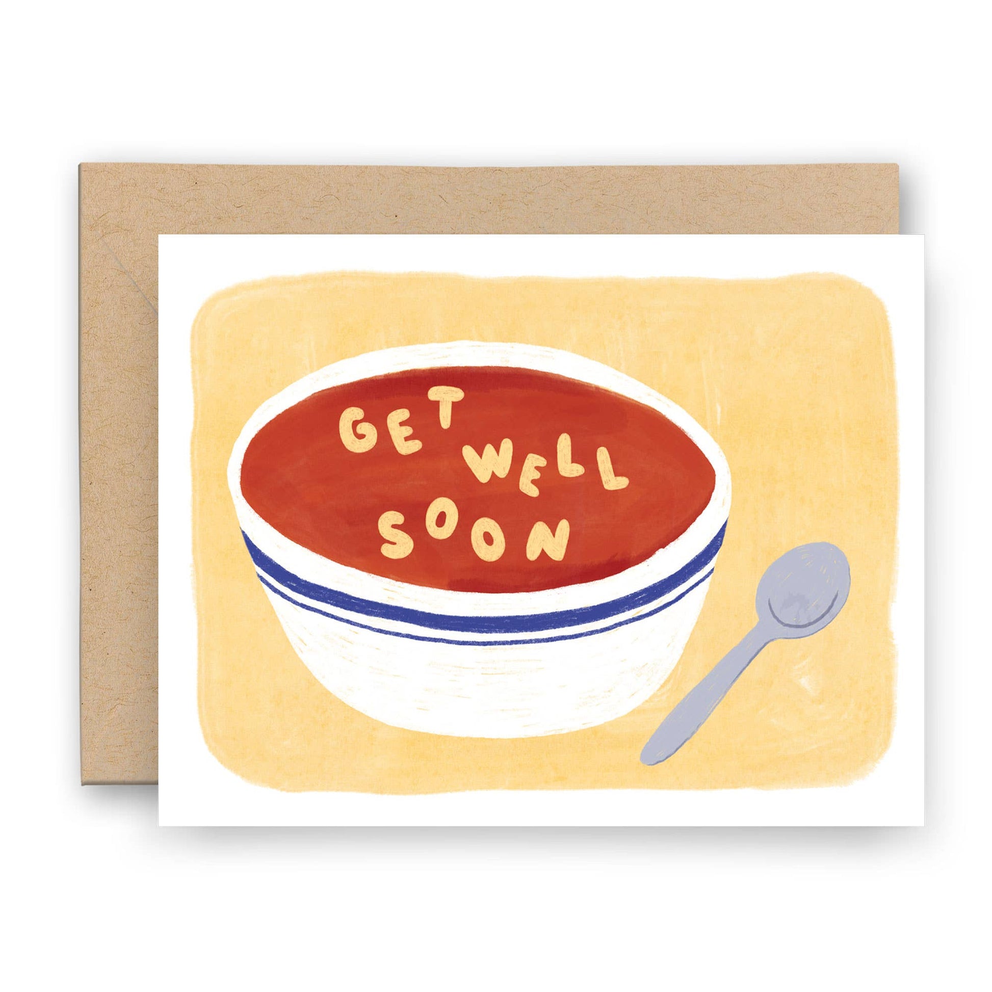 Greeting card with a bowl of soup and alphabet letters in it that spell out "get well soon" and a spoon to the right 