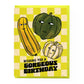 Birthday card with cartoon squash characters on a green and beige checkered background