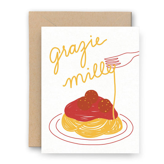 greeting card with a plate of spaghetti and meatballs on it. Text reads "grazie mille" and is made to look like the words are the noodles, twirling on a fork he