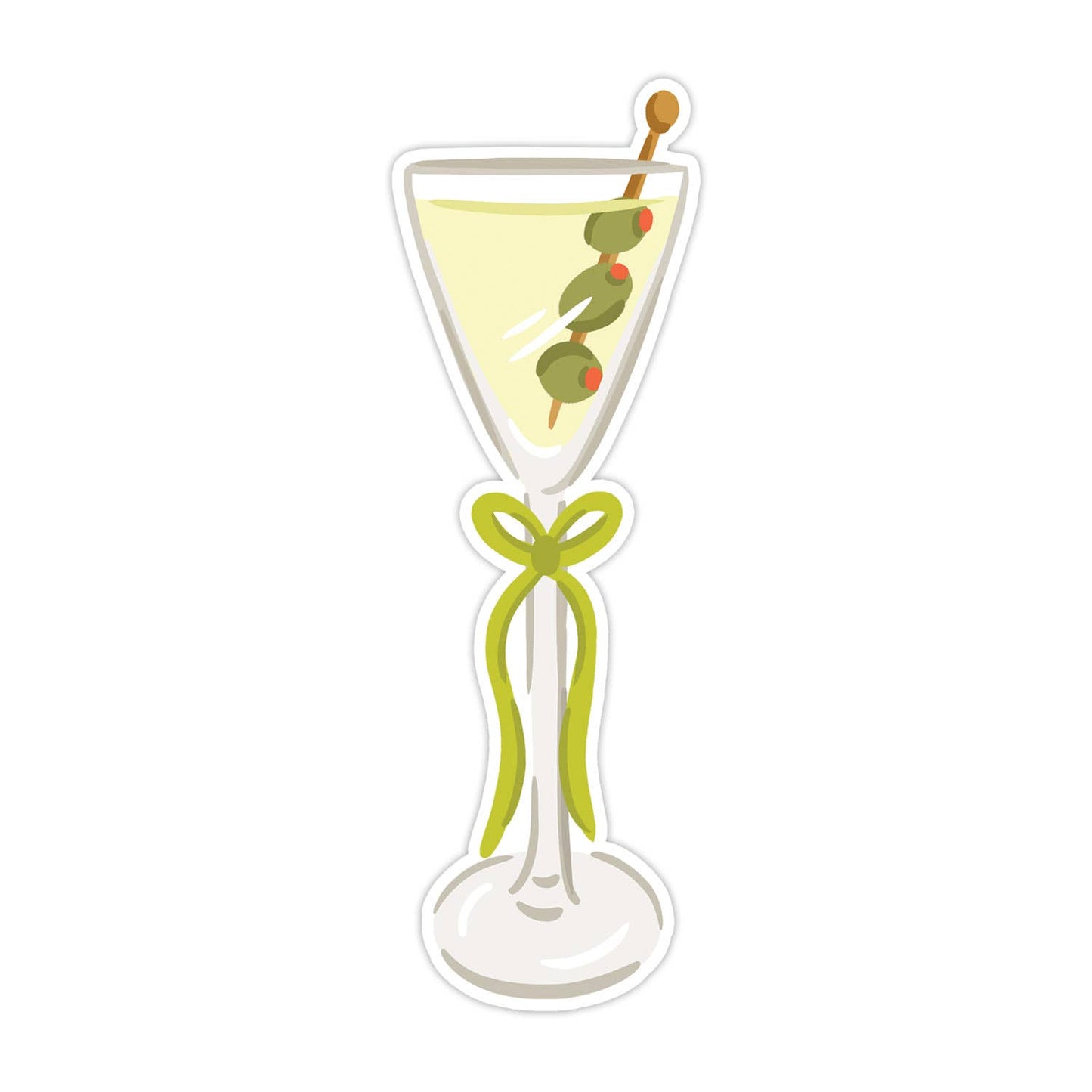 Illustration of a martini glass with olive skewer on a white background