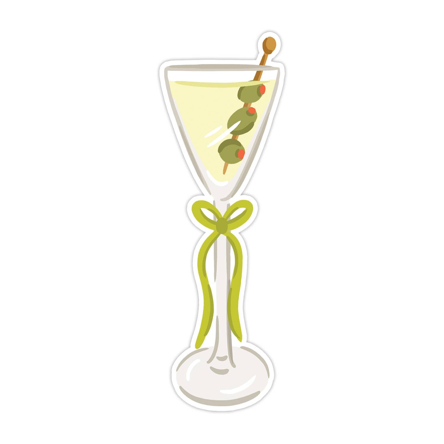 Illustration of a martini glass with olive skewer on a white background