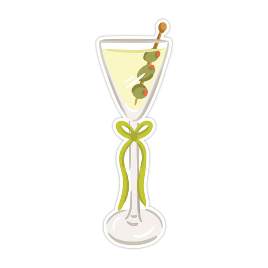 Illustration of a martini glass with olive skewer on a white background