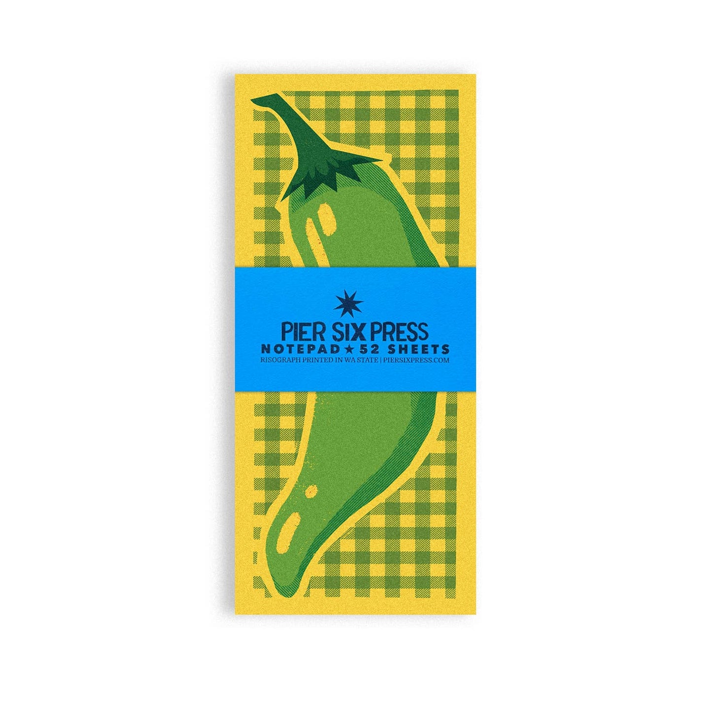 Notepad with green chili design on yellow and green checker background