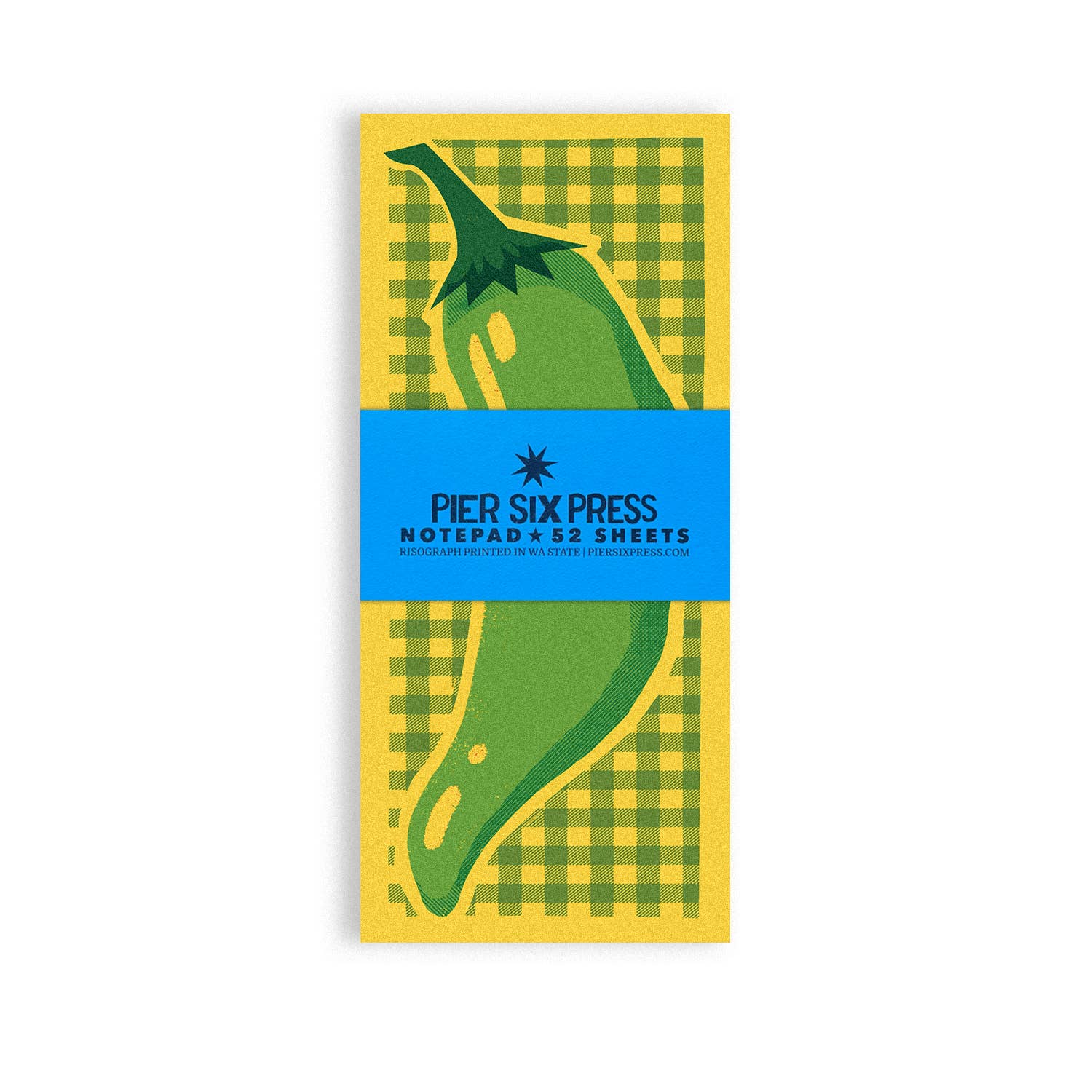 Notepad with green chili design on yellow and green checker background