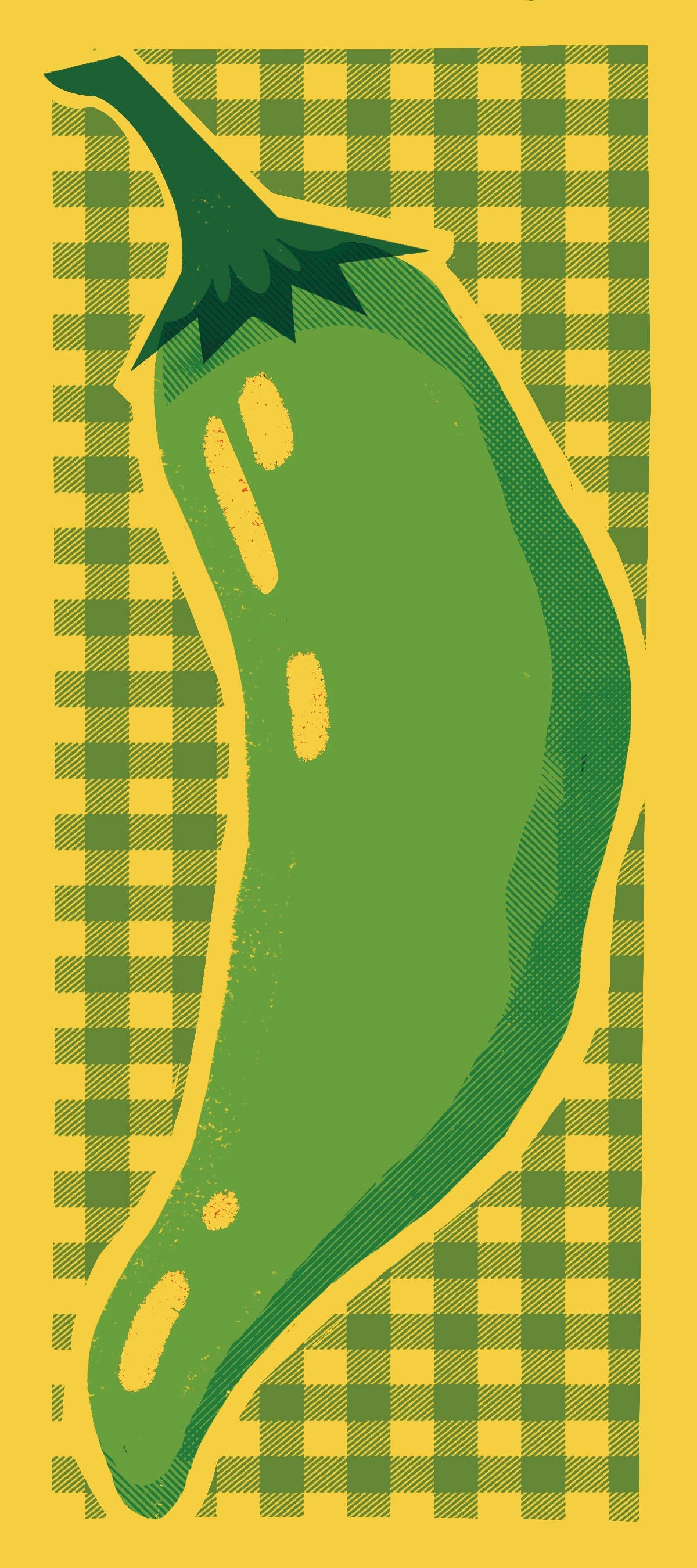 Green pepper illustration on a yellow and green checkered background