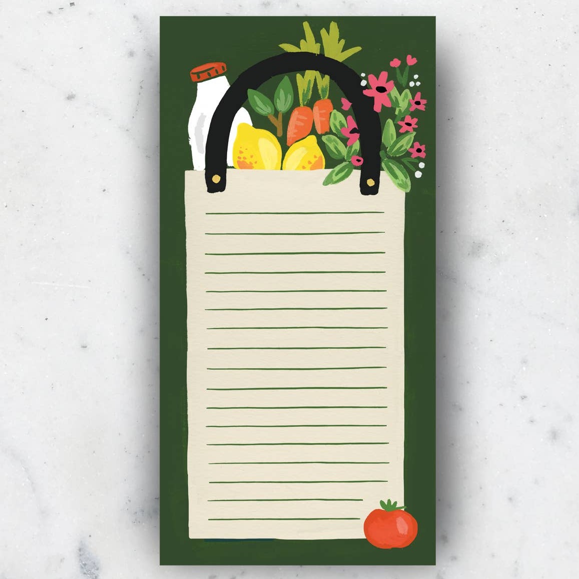 Notepad that looks like a long grocery bag with lines. The bag is filled with milk, lemons, carrots, and flowers. Dark green background.