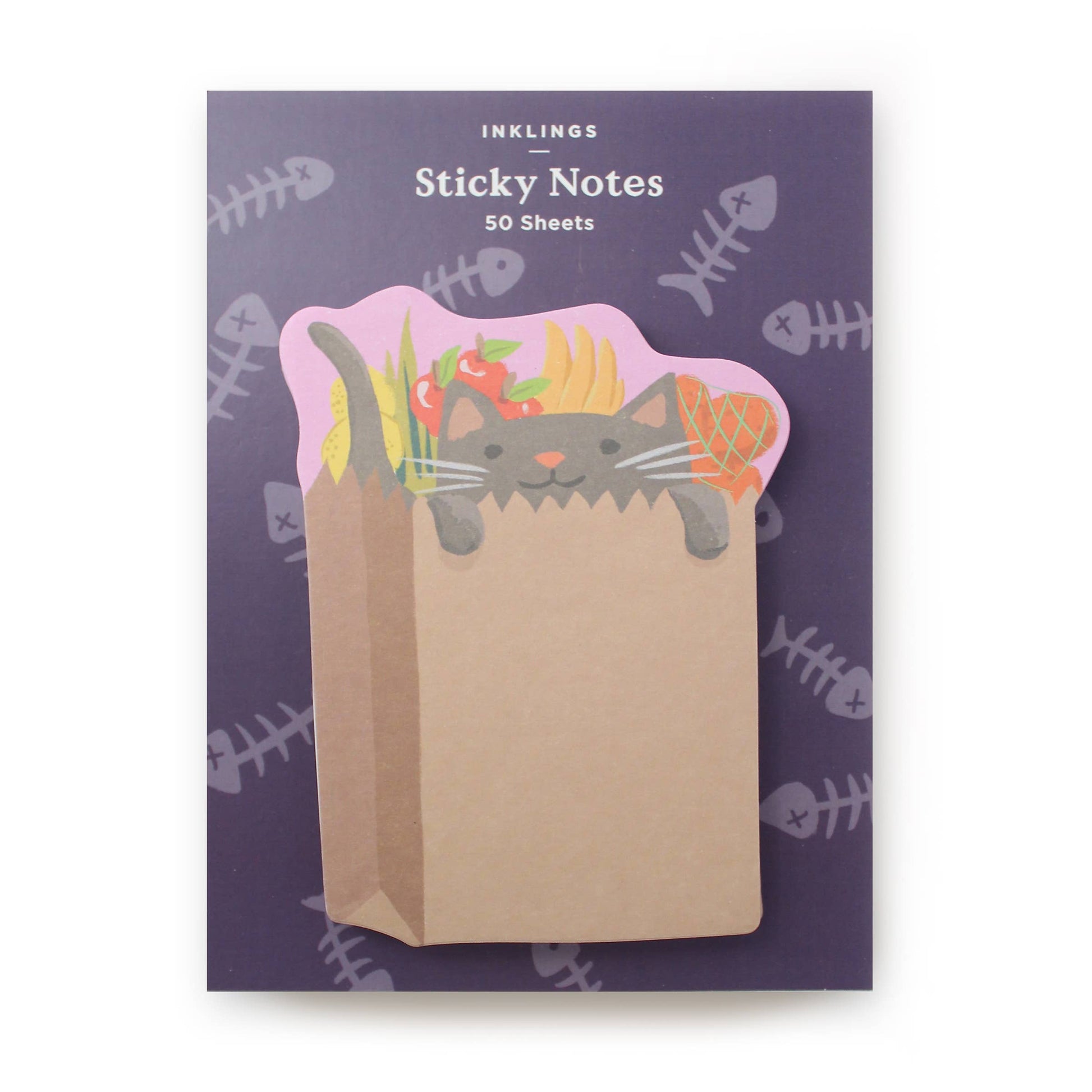 Stack of sticky notes with design of a cat inside a grocery bag 