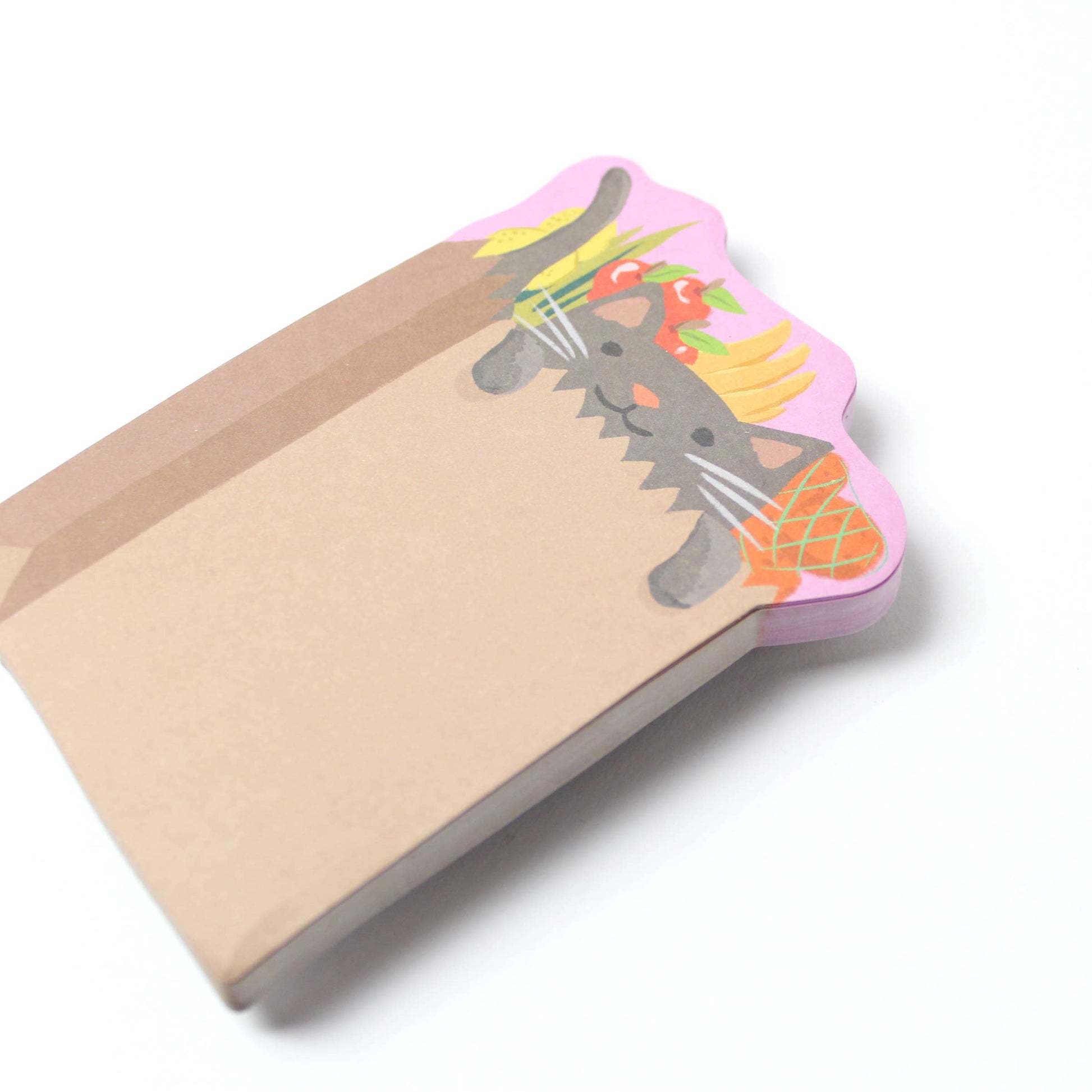 Stack of sticky notes with design of a cat inside a grocery bag 