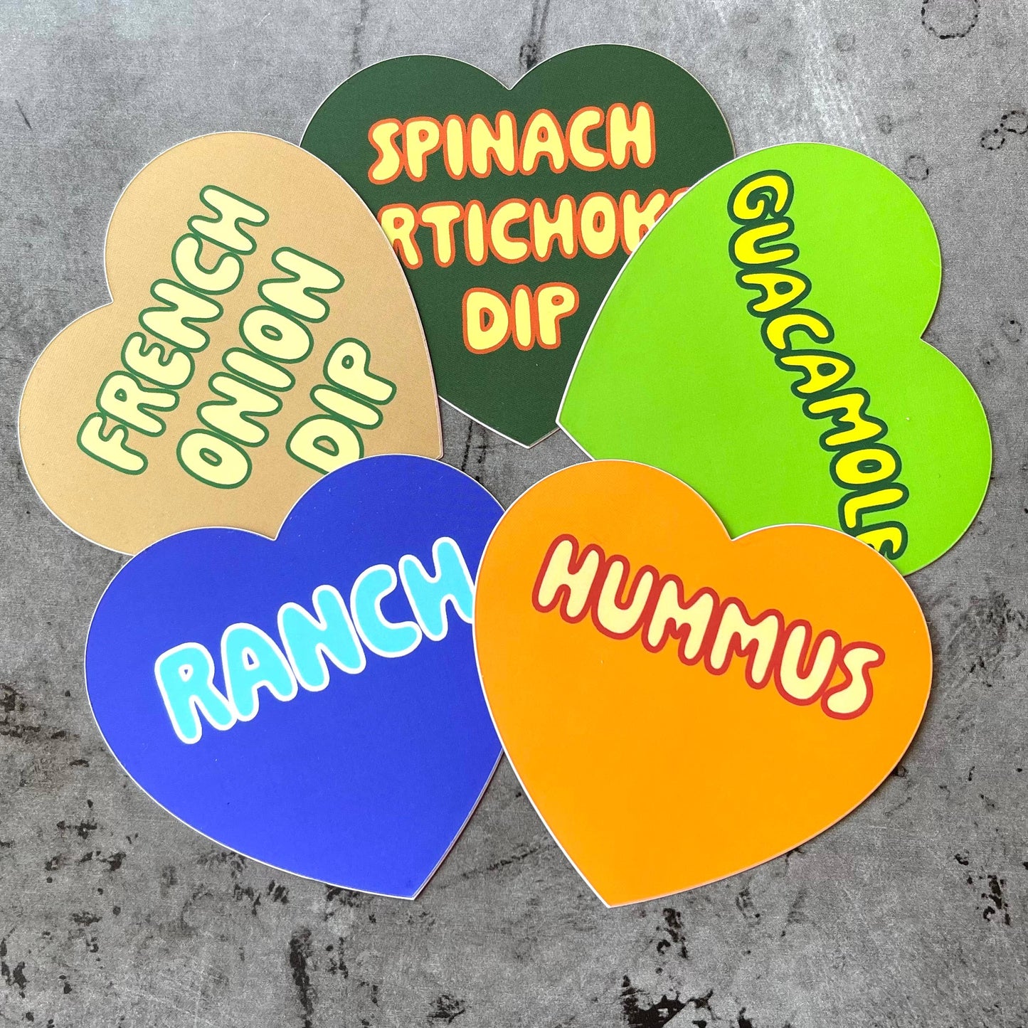 Guacamole sticker shown with other heart-shaped dip stickers.