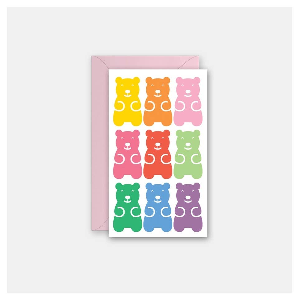 mini note/greeting card with different colored gummy bear design 