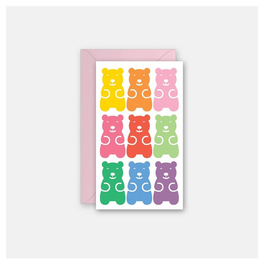 mini note/greeting card with different colored gummy bear design 