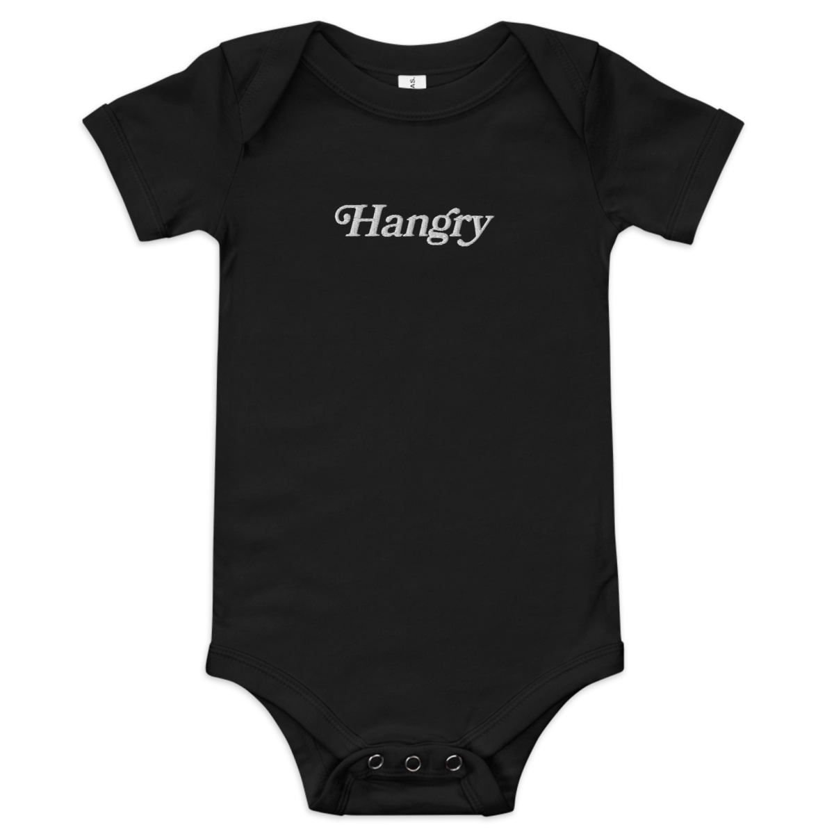 Black baby onesie with 'Hangry' text on a transparent background