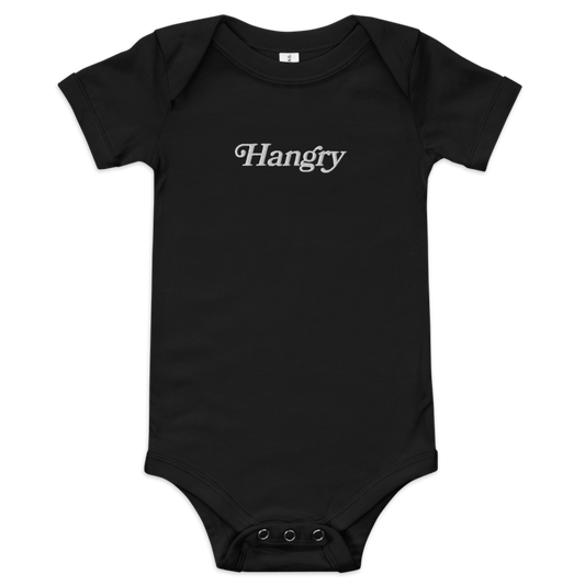 Black baby onesie with 'Hangry' text on a transparent background