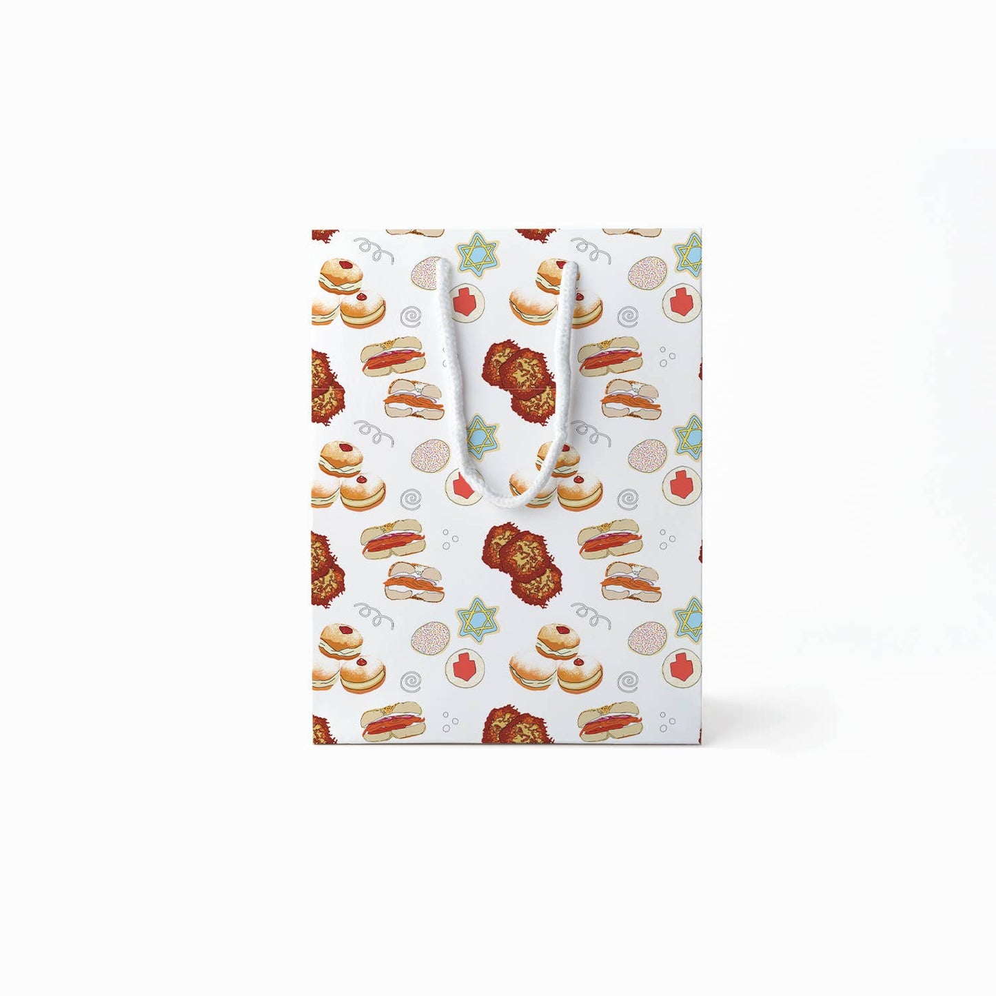 Gift bag with food-themed pattern on a white background