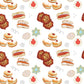 Pattern of Hanukkah-themed food items and stars on a white background