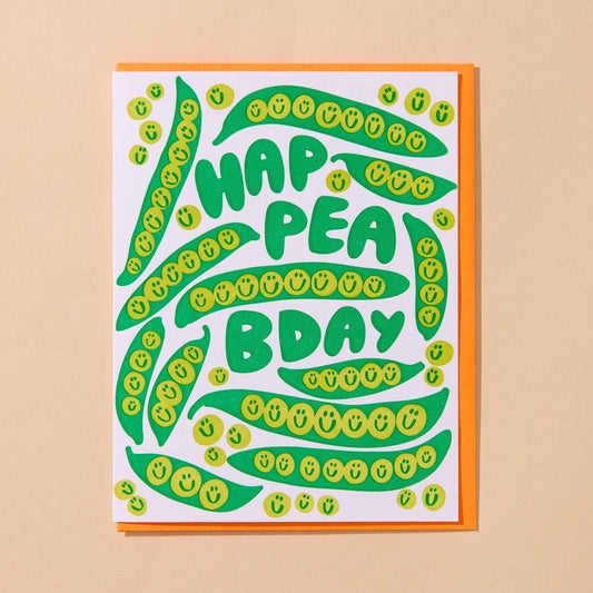 pea themed birthday card with orange envelope. 