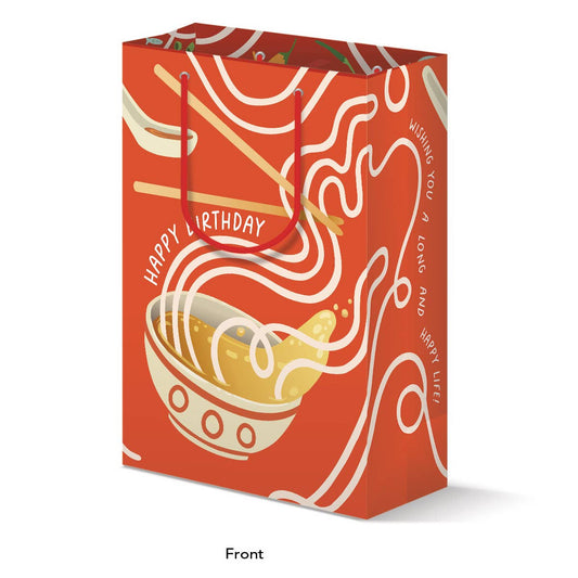 red gift bag with swirly design that mimic noodles coming out of a bowl of soup with chopsticks and a spoon above