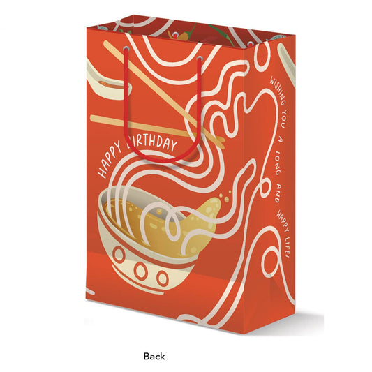 red gift bag with swirly design that mimic noodles coming out of a bowl of soup with chopsticks and a spoon above