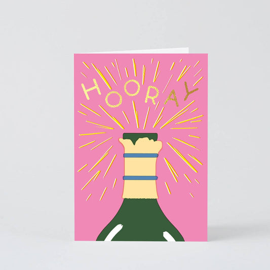 Card with champagne bottle and 'Hooray' text on pink background