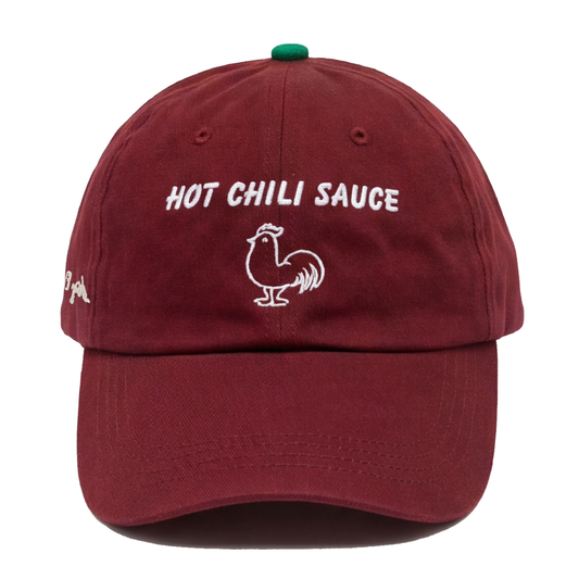 burgundy hat with white embroidered text and logo of a rooster and "hot chili sauce" 