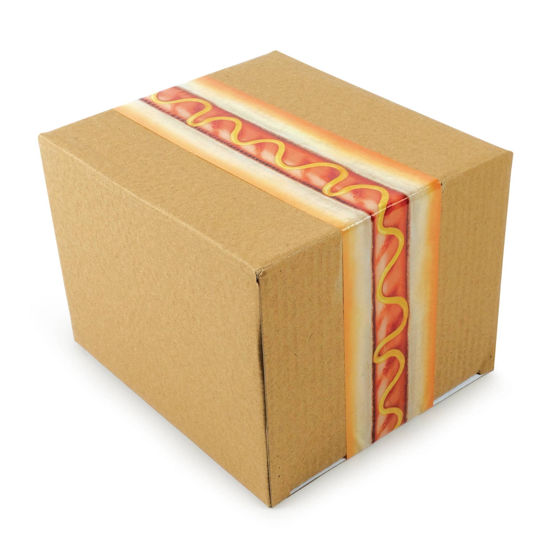 Shipping box with hot dog packing tape.