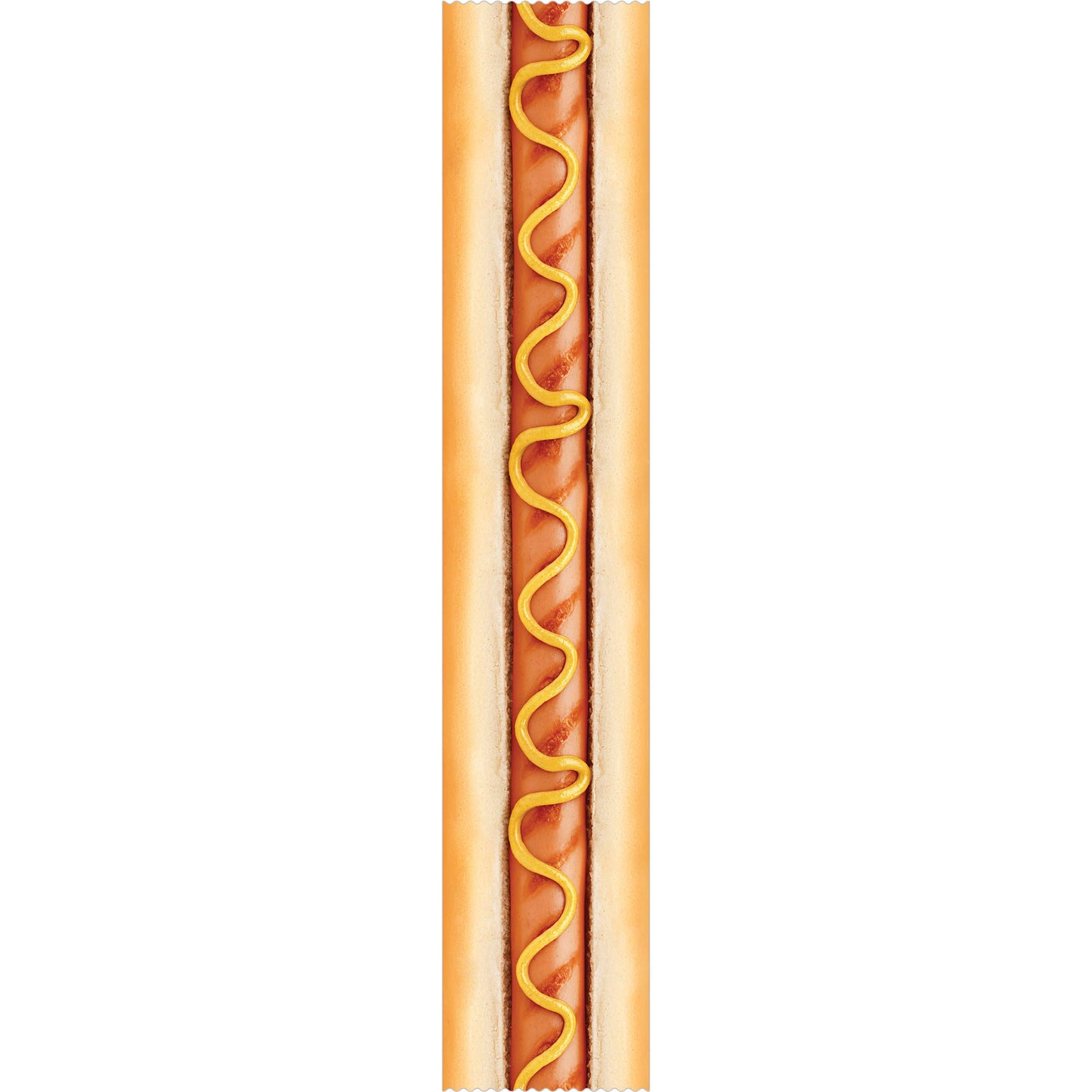 One long strip of hot dog tape with squiggly mustard.