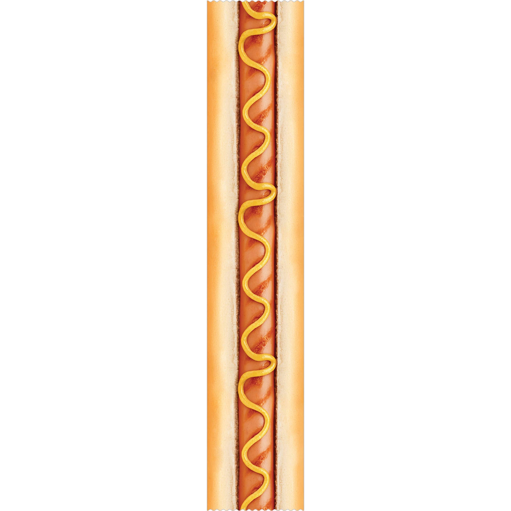 One long strip of hot dog tape with squiggly mustard.