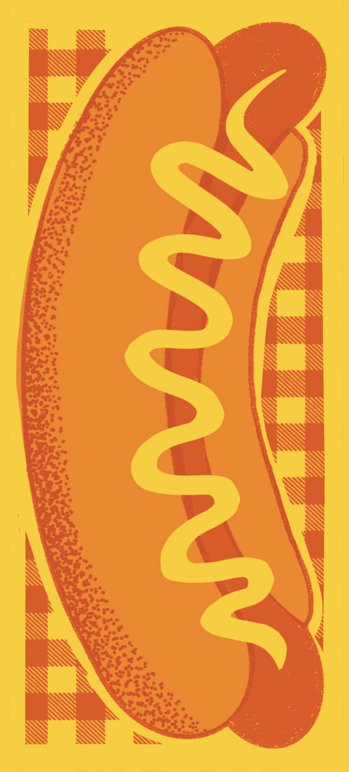 Illustration of a hot dog with mustard on a yellow background