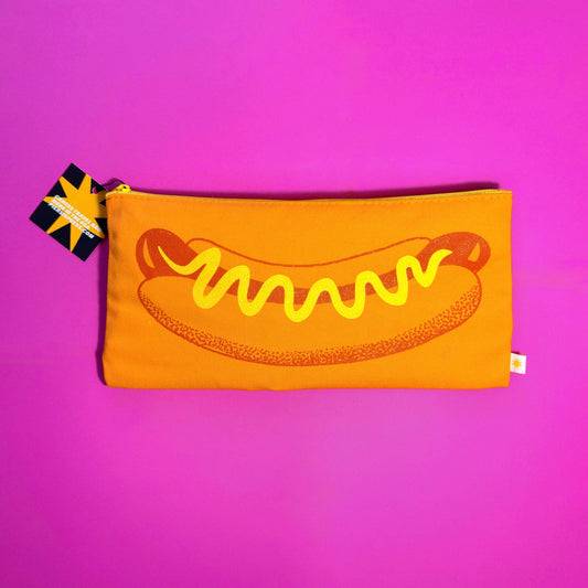 Pouch with hot dog design on a pink background