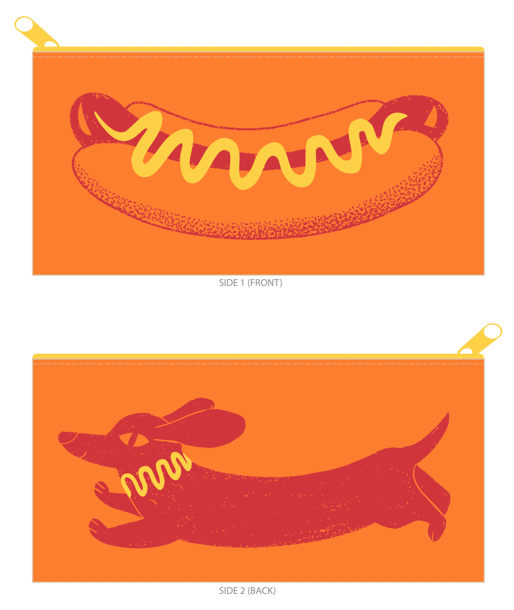 Two orange pouches with hot dog design on a white background