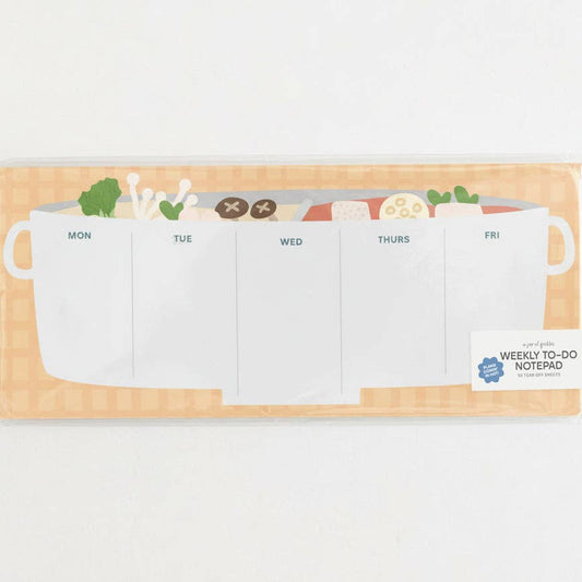 Weekly to-do notepad with cartoon hot pot designs on a wooden holder against a white background